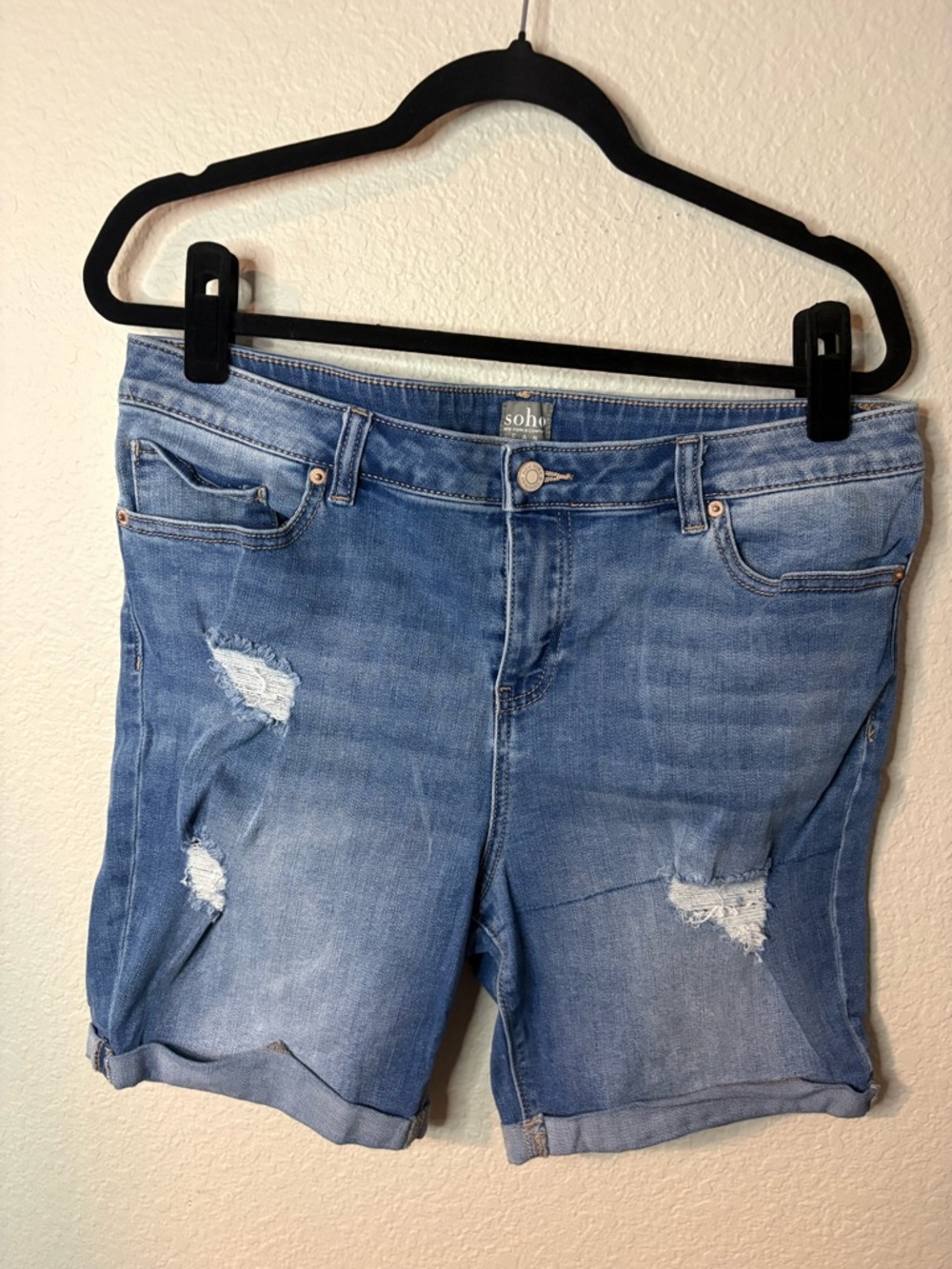 Soho Medium Blue Distressed Rolled-Hem Denim Shorts